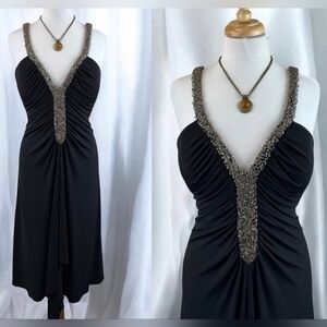 JS Boutique Black One-Shoulder Evening Dress with Metallic Beaded Trim